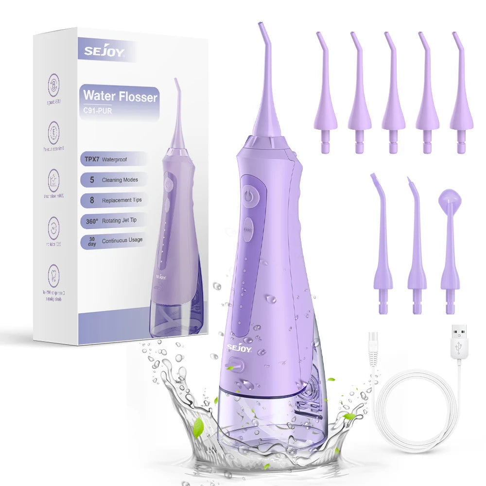 Sejoy Water Dental Flosser Oral Irrigator 8 Jet Tips 5 Modes IPX7 Waterproof  Portable Cordless Teeth Cleaner for Home&Travel
