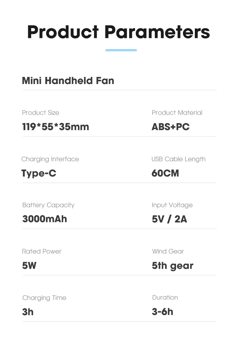 Portable Handheld Fan Turbo Strong Wind 5 Speeds Adjustable Mini Fan USB Rechargeable Personal Highspeed Fans for Travel Camping