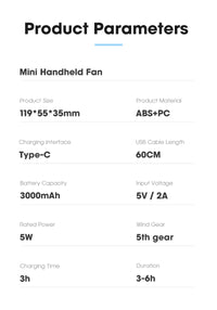 Portable Handheld Fan Turbo Strong Wind 5 Speeds Adjustable Mini Fan USB Rechargeable Personal Highspeed Fans for Travel Camping