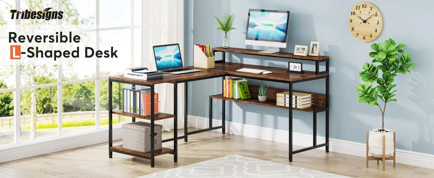 Tribesigns 59 Inch L Shaped Desk with Monitor Stand, Reversible Corner Computer Desk with Storage Shelves Rustic Brown