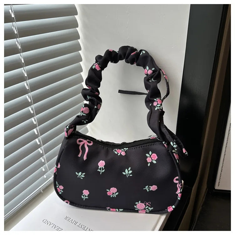 Women's Underarm Bag Summer Canvas Pleated Handlebags Armpit Purse FloralBow Printed Zipper Tote Handbag Female Y2k Shoulder Bag
