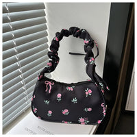Women's Underarm Bag Summer Canvas Pleated Handlebags Armpit Purse FloralBow Printed Zipper Tote Handbag Female Y2k Shoulder Bag