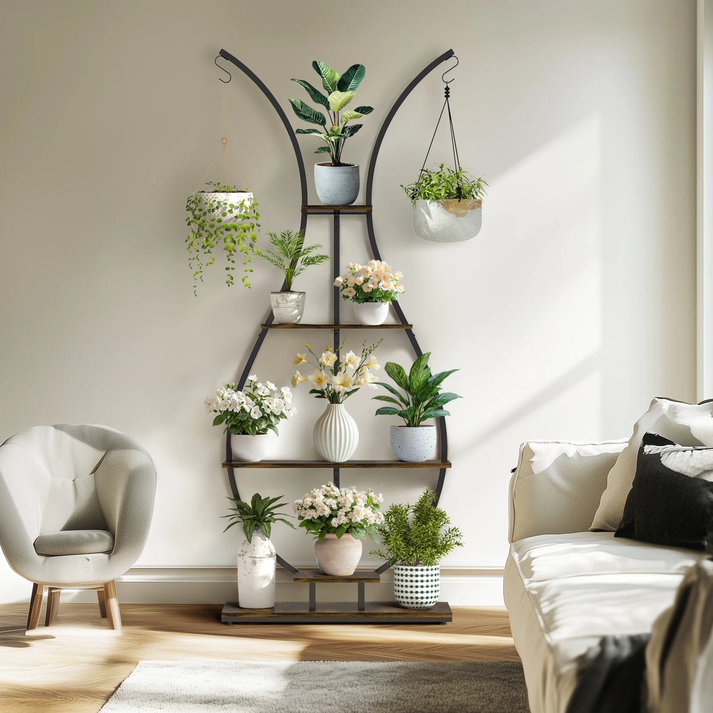 Vase Shape Tall Planter Display Rack Metal Garden Plant Stand with 5 Tiers and Hangers