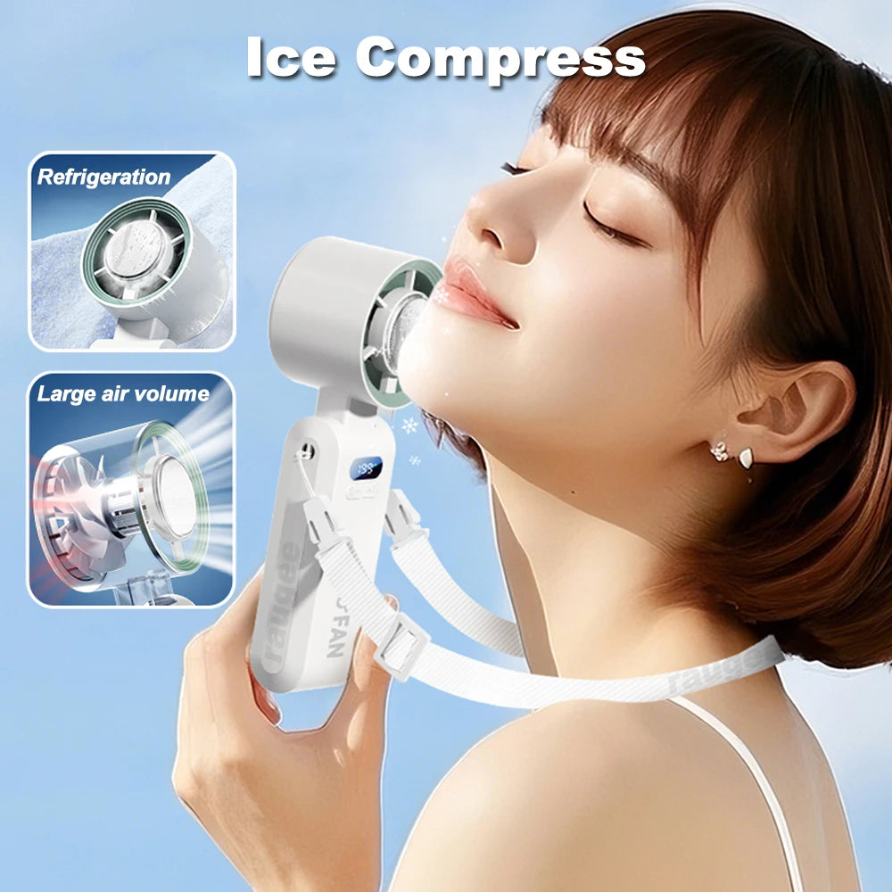 Portable Handheld Turbo Fan Foldable Hanging Neck Fan Mini Hand Fan 3600mAh USB Rechargeable High Speed Ice Cooling Turbo Fan