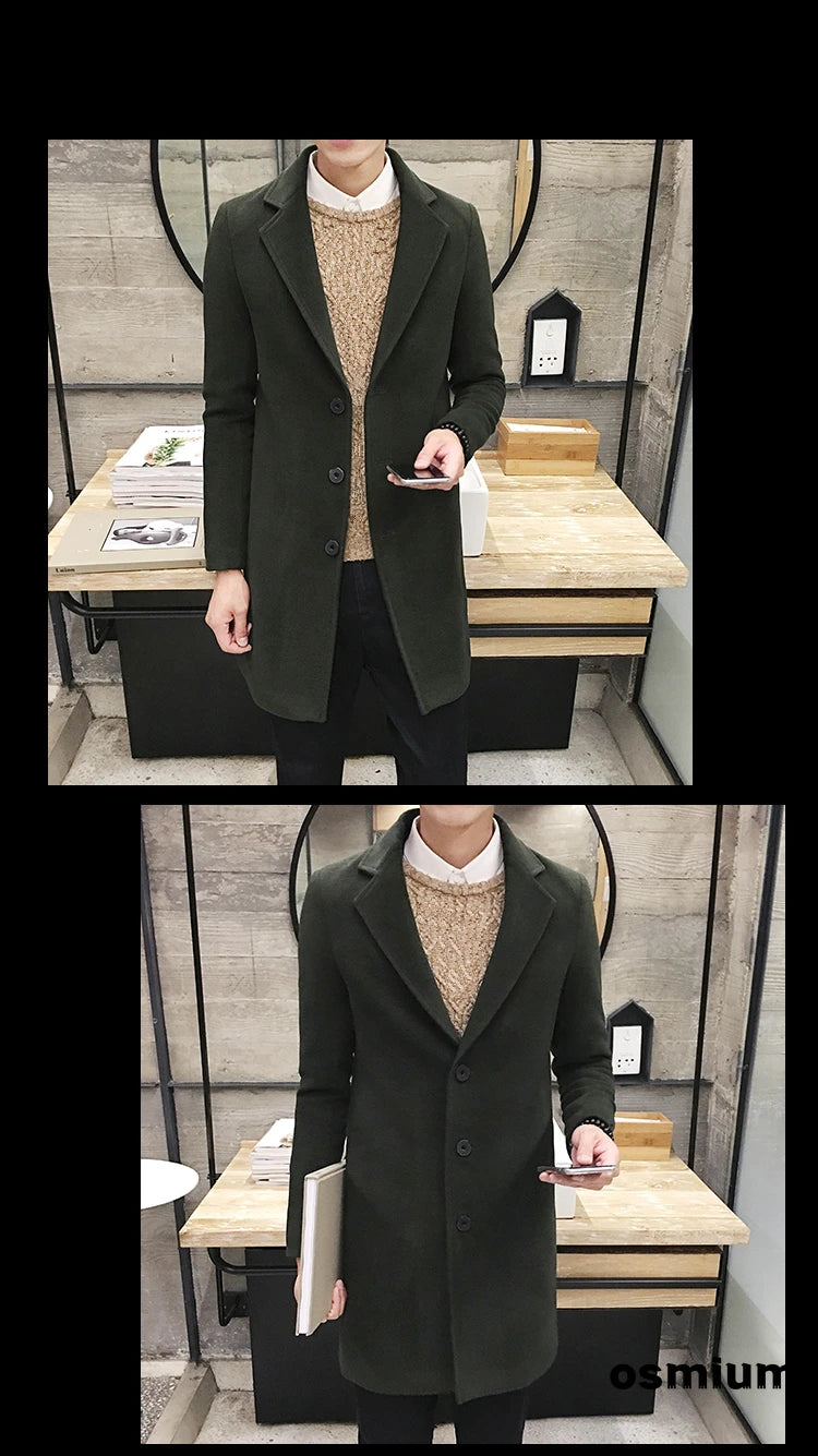 Men’s Woolen Long Coat – Slim Fit Korean Vintage Overcoat