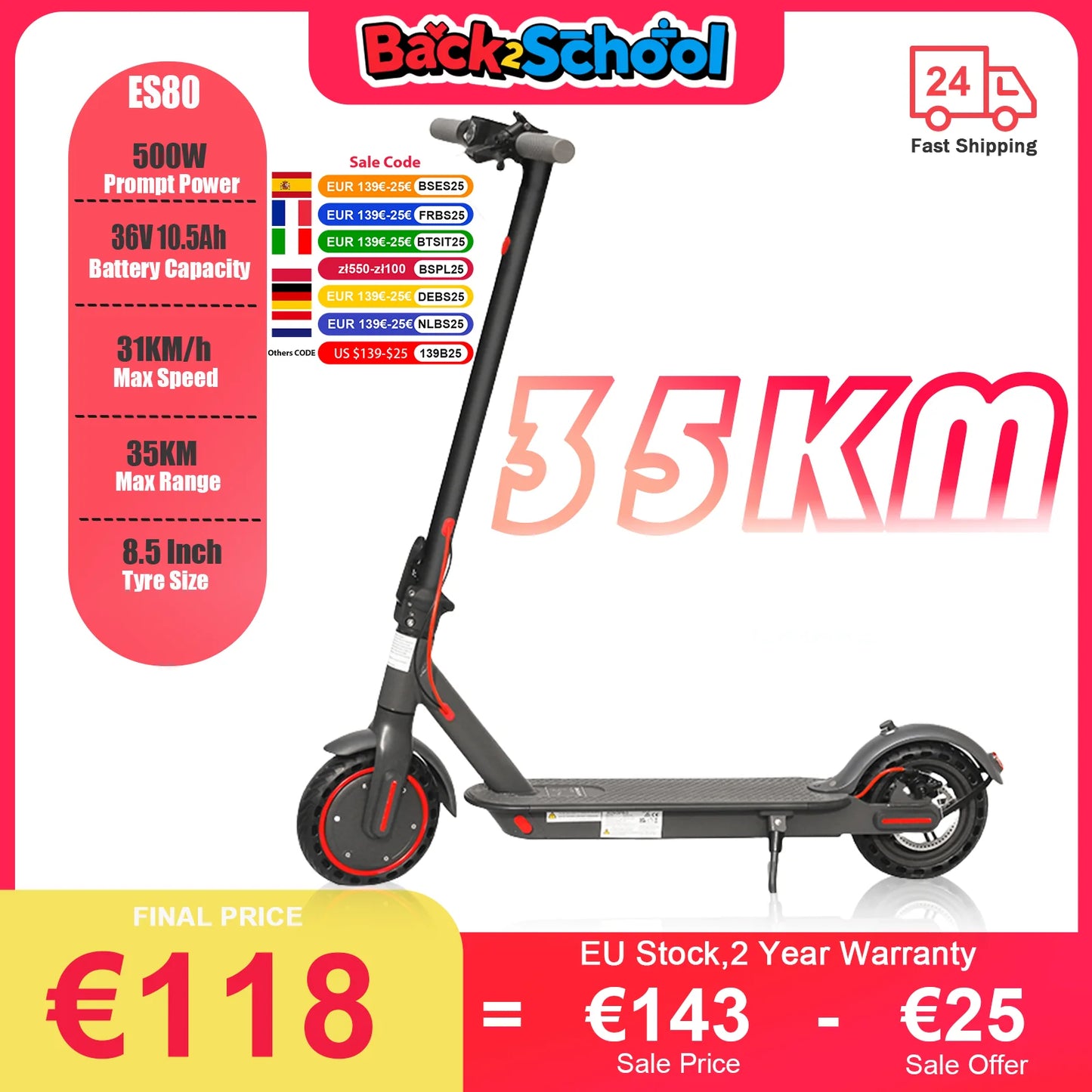 ES80/M365 X1 Electric Scooter – 36V 500W 35KM Range