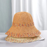 Rainbow woven women's sunscreen hat summer Japanese straw hat  protective fashion, breathable hollow beach sun hat