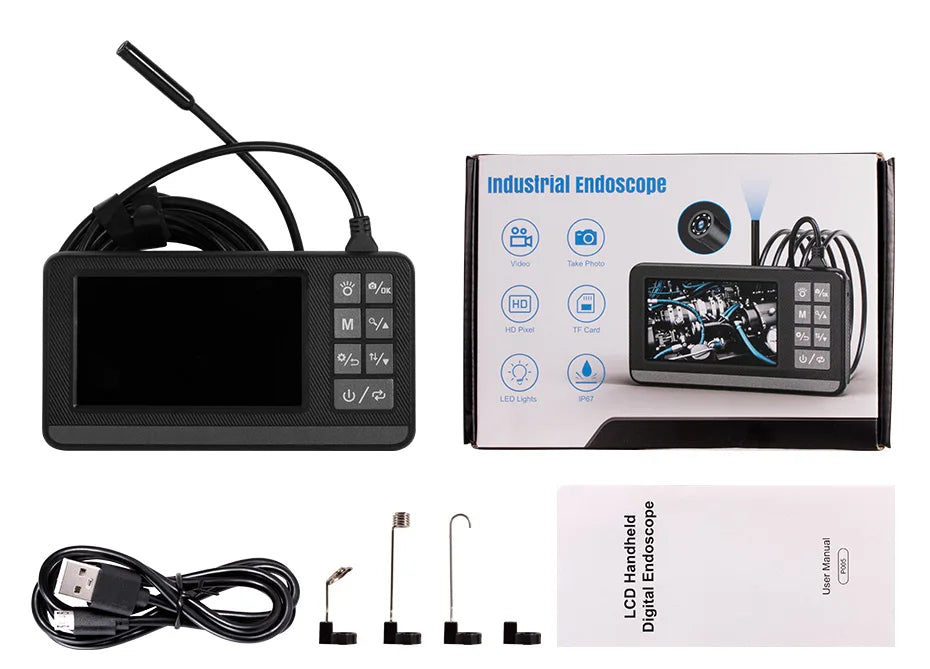 Dual Lens Industrial Endoscope Camera with Screen IP67