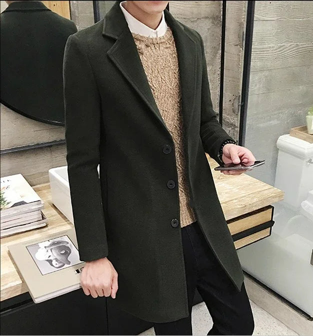 Men’s Woolen Long Coat – Slim Fit Korean Vintage Overcoat