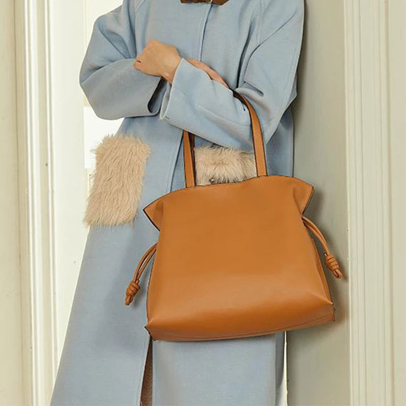 Women’s Cowhide Leather Lucky Bag – Pleated Drawstring Tote