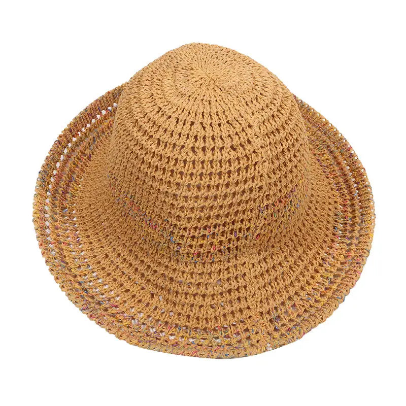 Rainbow woven women's sunscreen hat summer Japanese straw hat  protective fashion, breathable hollow beach sun hat