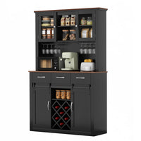 VOWNER 72" Tall Farmhouse Bar Cabinet with Sliding Barn Doors, Kitchen Pantry Storage Cabinet with Wine & Glass Racks