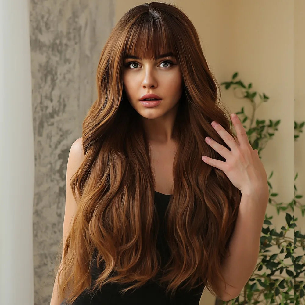 Long Curly Wig with Bangs – Brown Synthetic Fiber Hair