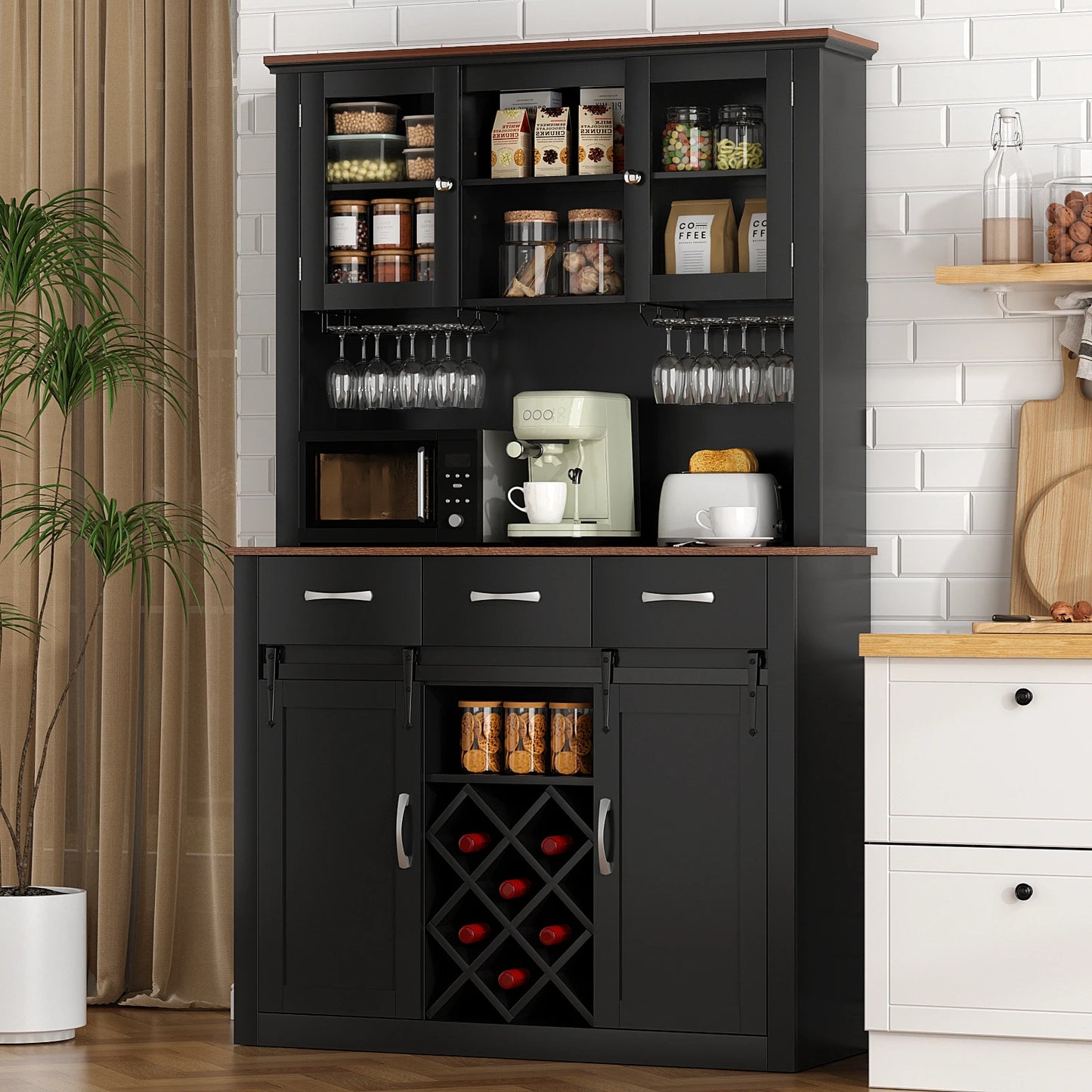VOWNER 72" Tall Farmhouse Bar Cabinet with Sliding Barn Doors, Kitchen Pantry Storage Cabinet with Wine & Glass Racks