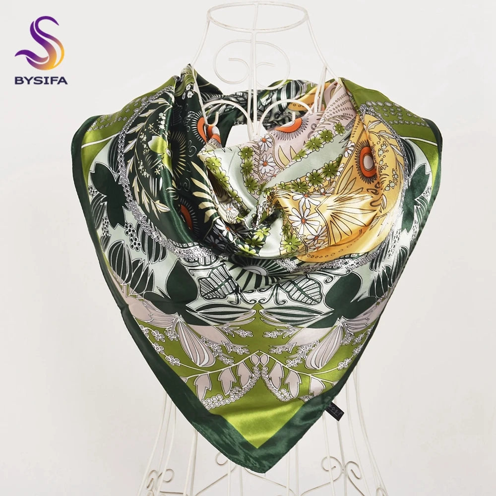 BYSIFA Beige Coffee Peony Silk Scarf Women 90x90cm
