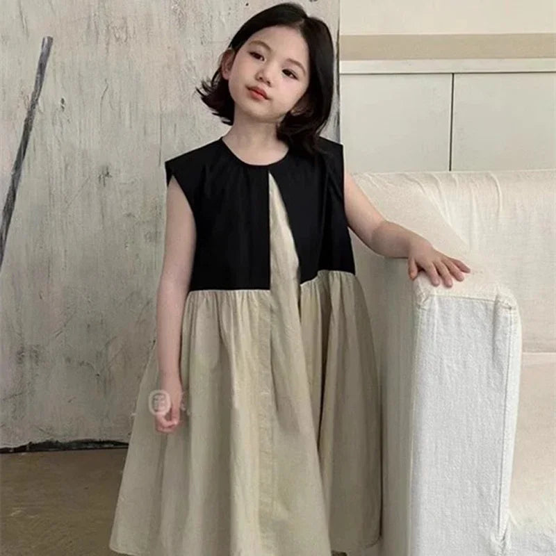 Summer New Children's Dress Japanese and Korean Style Fake Two Pieces Girl's Dress A-line Skirt Personalized Patchwork Dress'