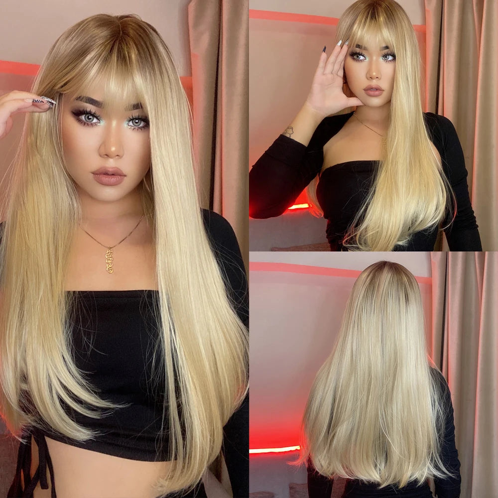 Reddish Brown Straight Layered Synthetic wig with Bangs Long hair Copper Ginger Wig for Women Daily Use Heat Resistant Wigs