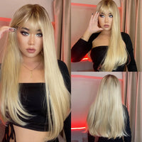 Reddish Brown Straight Layered Synthetic wig with Bangs Long hair Copper Ginger Wig for Women Daily Use Heat Resistant Wigs