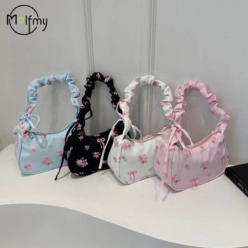 Women's Underarm Bag Summer Canvas Pleated Handlebags Armpit Purse FloralBow Printed Zipper Tote Handbag Female Y2k Shoulder Bag