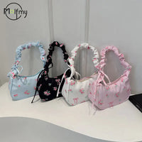 Women's Underarm Bag Summer Canvas Pleated Handlebags Armpit Purse FloralBow Printed Zipper Tote Handbag Female Y2k Shoulder Bag