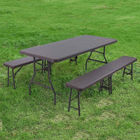 Camping Table Foldable 1 and 2 Benches, HDPE Plastic Panel, Waterproof, with Steel Frame, Patio Outdoor Furniture Set