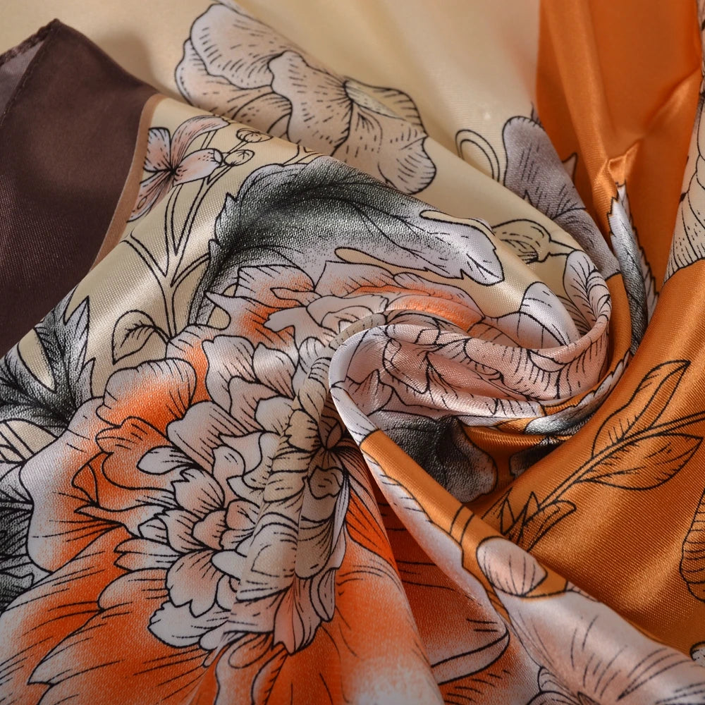 BYSIFA Beige Coffee Peony Silk Scarf Women 90x90cm