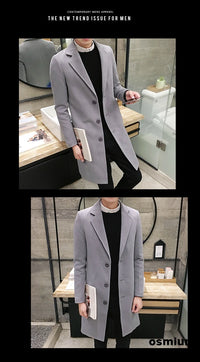Men’s Woolen Long Coat – Slim Fit Korean Vintage Overcoat