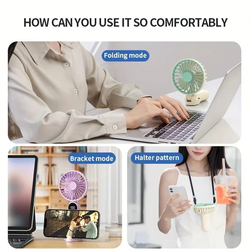 Handheld Mini Fan – Foldable 6-Speed USB Rechargeable Fan with Phone Stand & Display