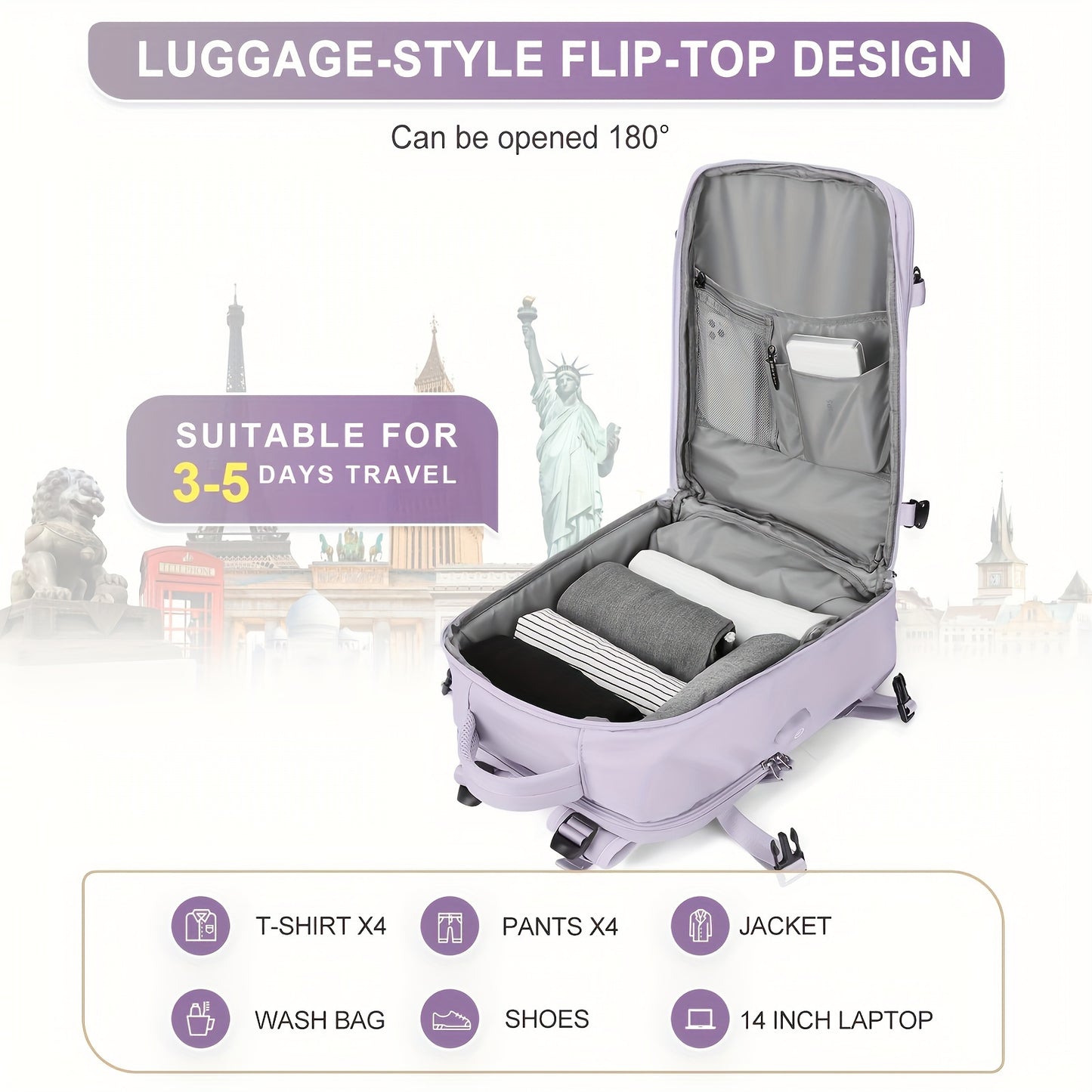 Large Capacity Travel Backpack with Shoe & Wet Pocket