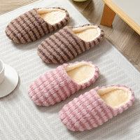 Women's Warm Plush Striped Print House Slippers - Slip-on Round Toe Anti-slip Soft Sole Casual Home Slides - For Women - Perfect for Cozy Winter Nights at Home - Ideal Gift for Her