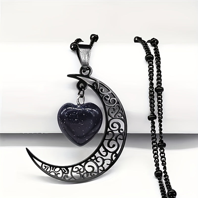 Black Stainless Steel Moon Heart Charm Necklace for Women