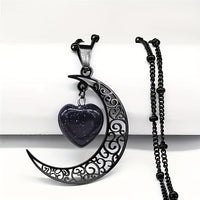 Black Stainless Steel Moon Heart Charm Necklace for Women