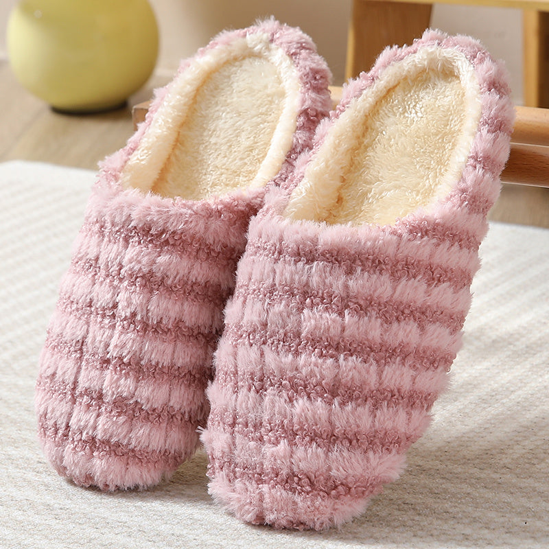 Women's Warm Plush Striped Print House Slippers - Slip-on Round Toe Anti-slip Soft Sole Casual Home Slides - For Women - Perfect for Cozy Winter Nights at Home - Ideal Gift for Her