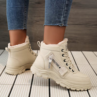 Women'S K2001 High-Top Winter Boots - Stylish White Lace-Up with Faux Fur Lining, Waterproof PVC Sole, Casual All-Season Footwear, Casual Winter Boots|Faux Fur Lined Boots|Laceup Boots