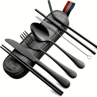 Portable Utensils, Travel Camping Cutlery Set, 8pcs including Knife Fork Spoon Chopsticks Cleaning Brush Straws Portable Case, Stainless Steel Flatware set