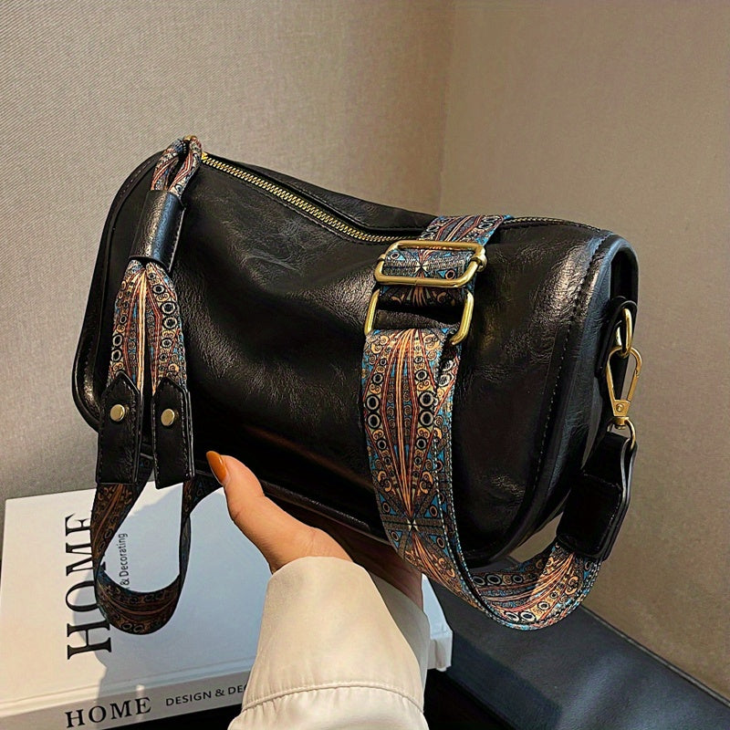 Stylish Large Capacity Crossbody Bag - Graphic Pattern Zipper Shoulder Bag With Wide Strap - Daily Purse