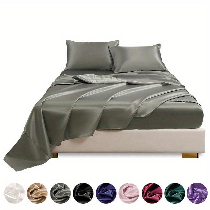 This 4pcs Satin Bed Sheet Set Includes One Fitted Sheet, One Flat Sheet, And Two Pillowcases Without Inserts. The Solid Color Showcases a Simple And Elegant Design That Never Goes Out of Style. Made from Polyester, The Fabric
